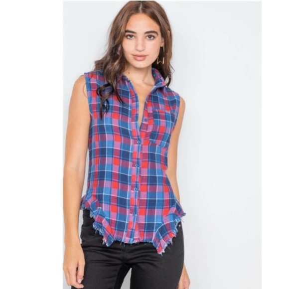 🌹En Creme Plaid Sleeveless Button-Up Flannel Top - Picture 1 of 7
